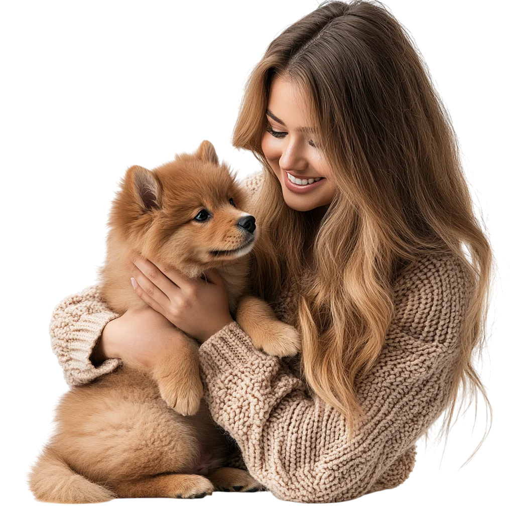 Smiling Woman Cuddling Adorable Fluffy Dog Free PNG