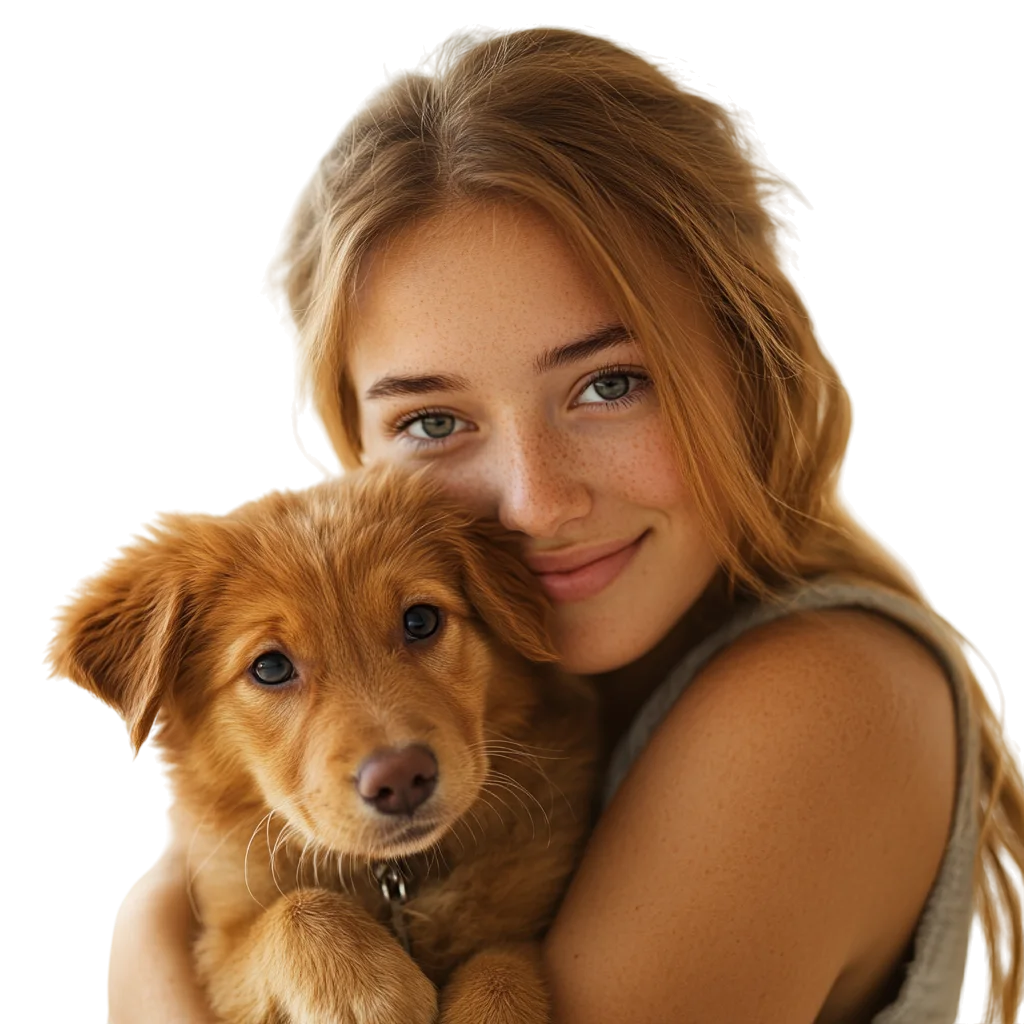 Smiling Young Woman Hugging Golden Puppy Free PNG