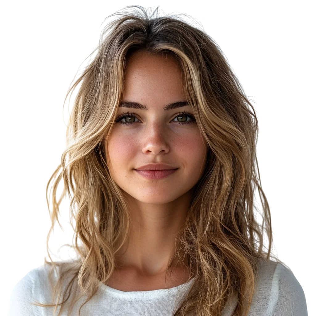 Smiling Young Woman with Wavy Brown Hair Free PNG