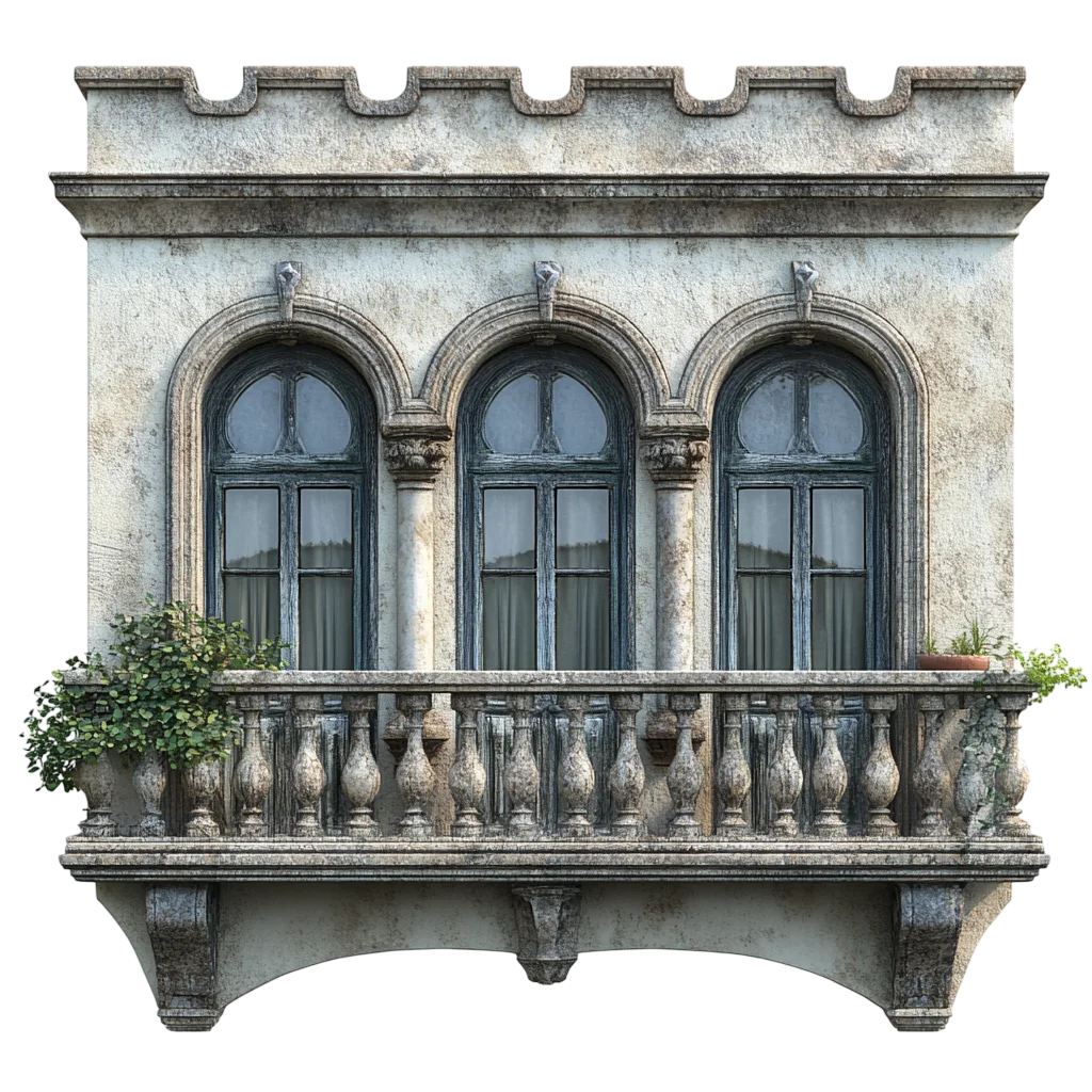 Ornate Stone Balcony with Arched Windows – Free PNG
