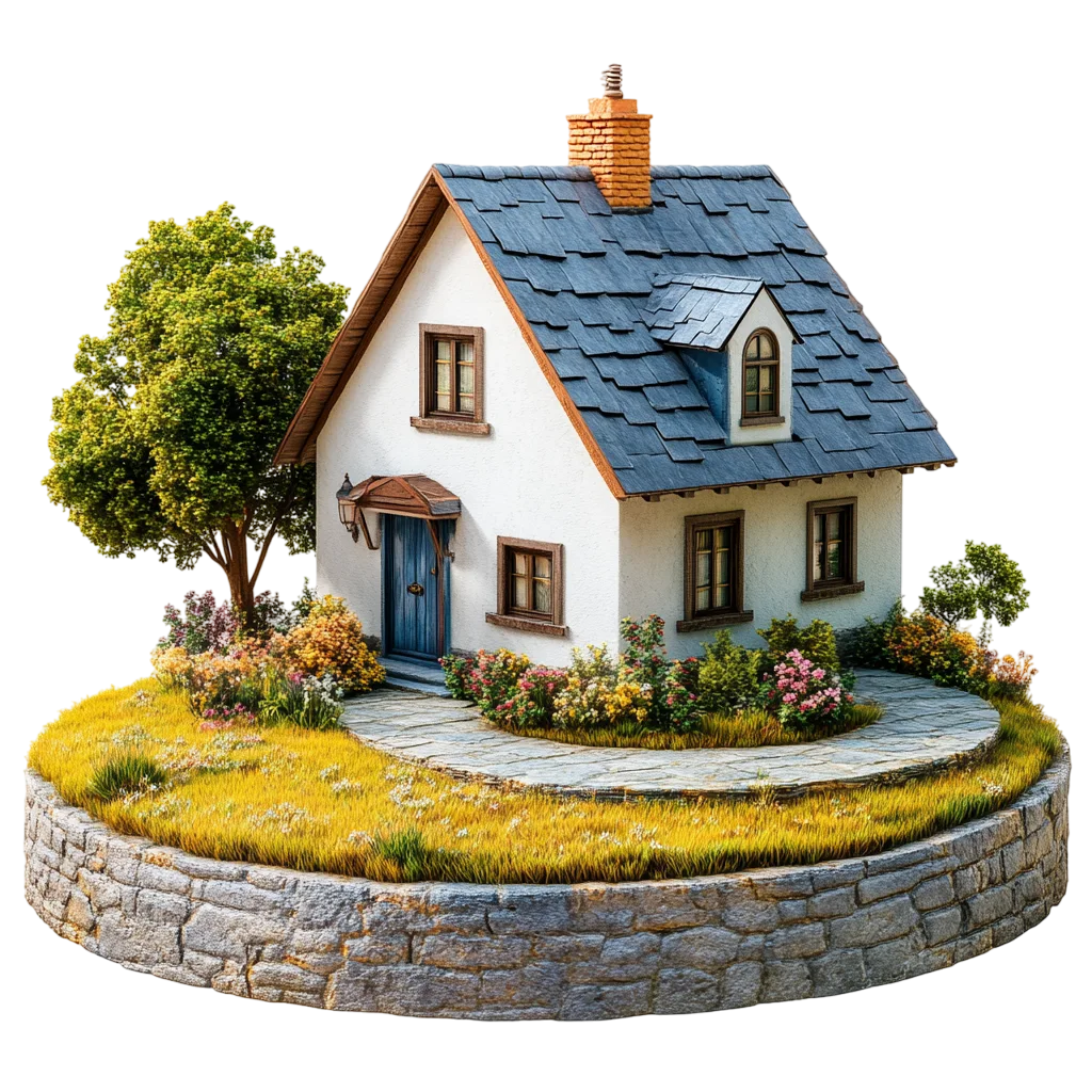 Miniature Suburban Cottage on Garden Base Free PNG