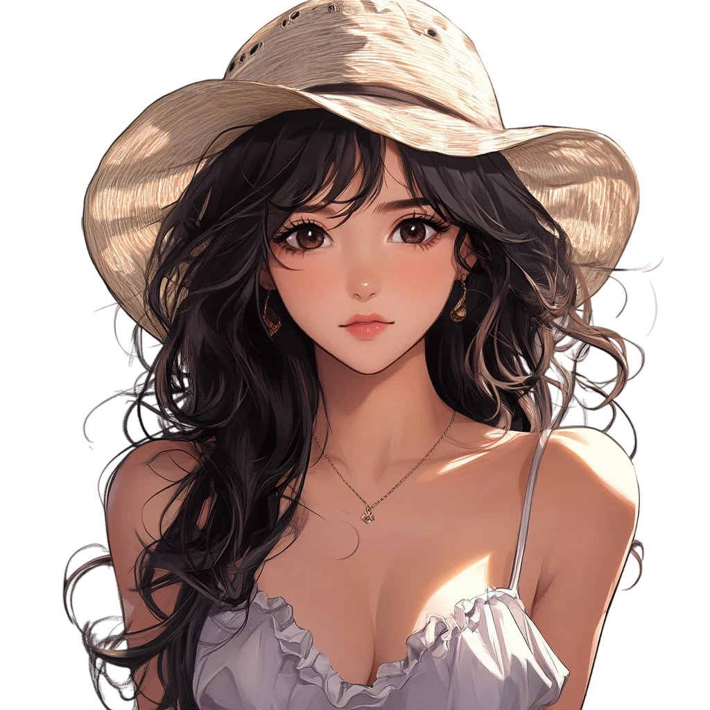 Anime Woman in Straw Sun Hat Portrait - Free PNG