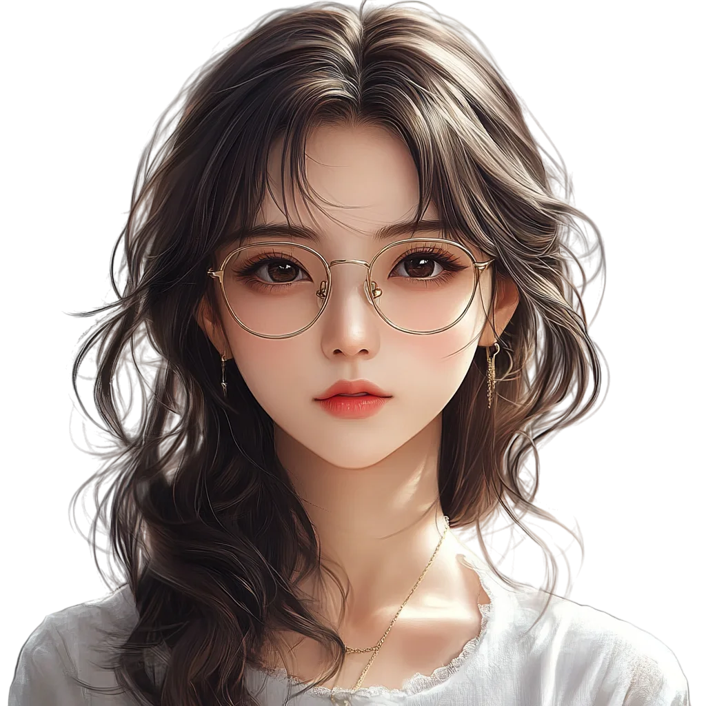 Elegant Illustrated Woman with Glasses and Wavy Hair Free PNG