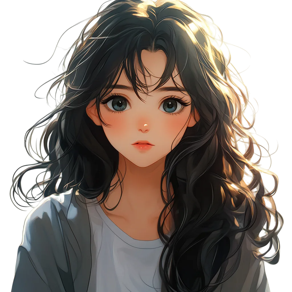 Anime Portrait of a Young Woman with Long Dark Hair Free PNG