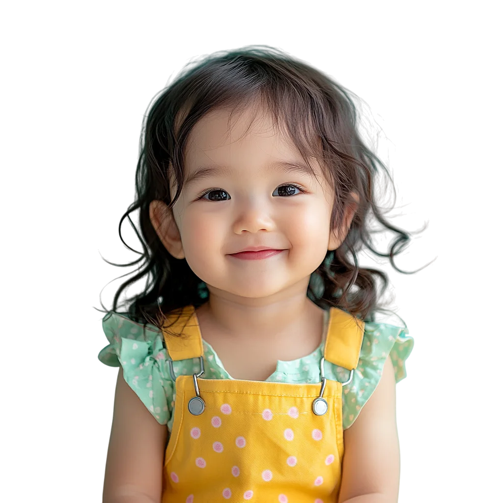 Smiling Toddler Girl in Yellow Floral Overalls Free PNG