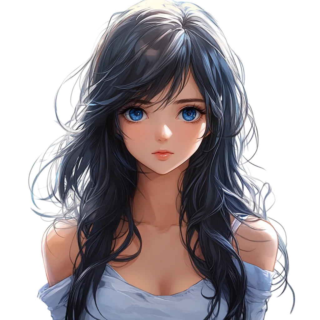 Anime Girl with Long Dark Hair and Blue Eyes - Free PNG