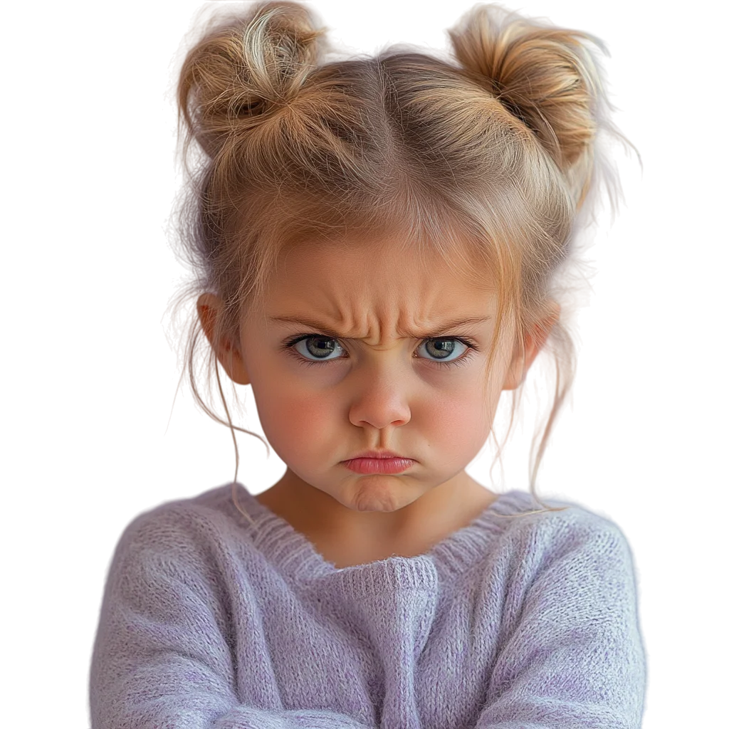 Frowning Toddler Girl with Double Buns Free PNG