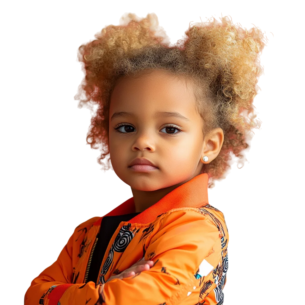 Stylish Little Black Girl in Orange Jacket Free PNG
