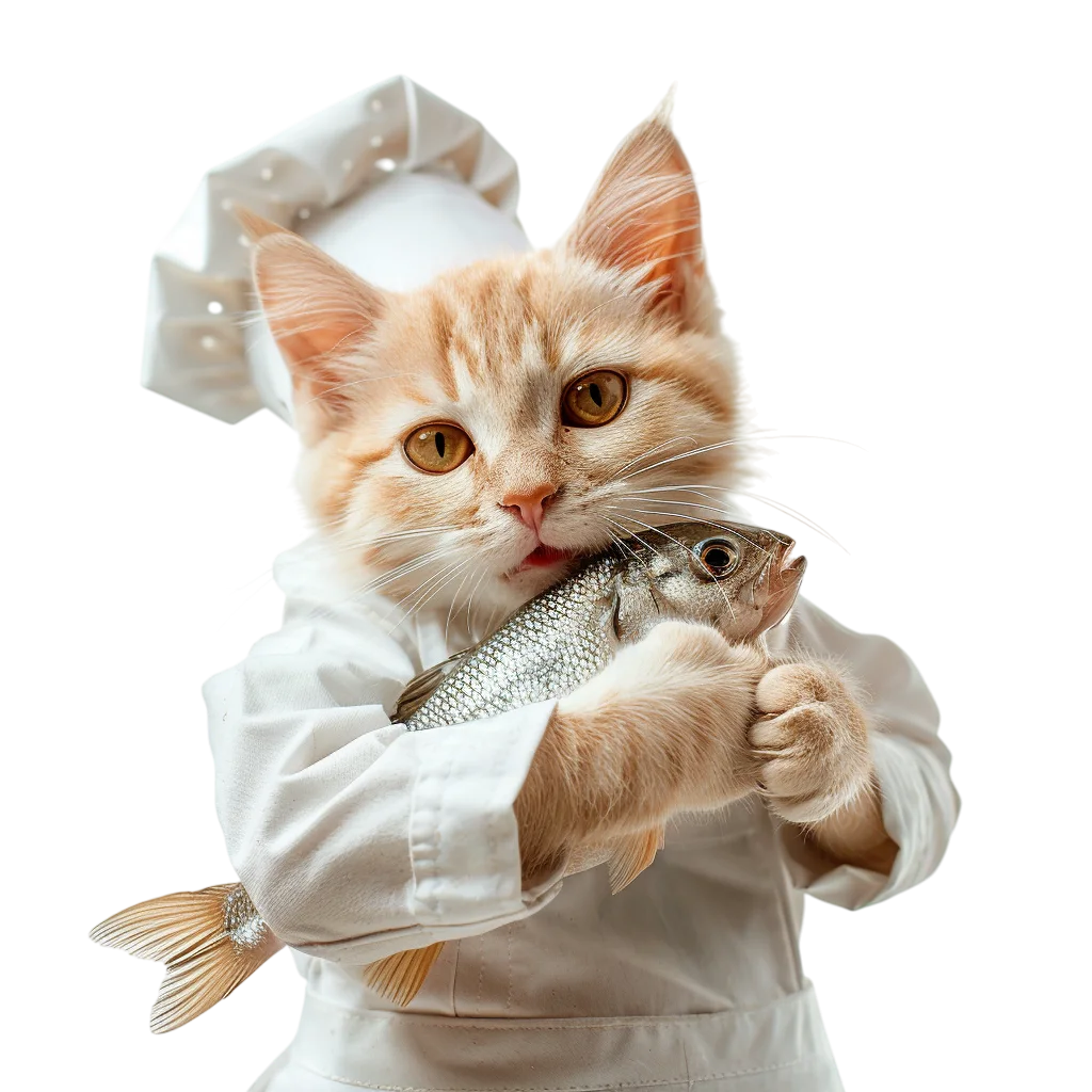 Ginger Cat Chef Holding Whole Fish Free PNG