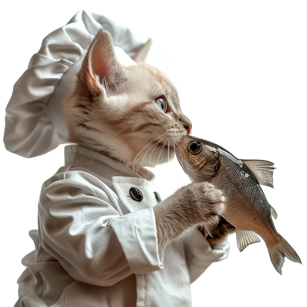 Cute Cat Chef in Uniform Holding Fresh Fish Free PNG