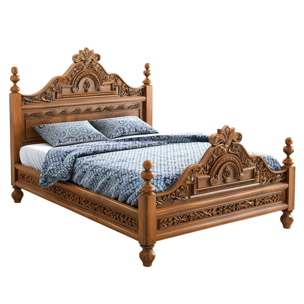 Ornate Carved Wooden Bed with Blue Bedding Free PNG