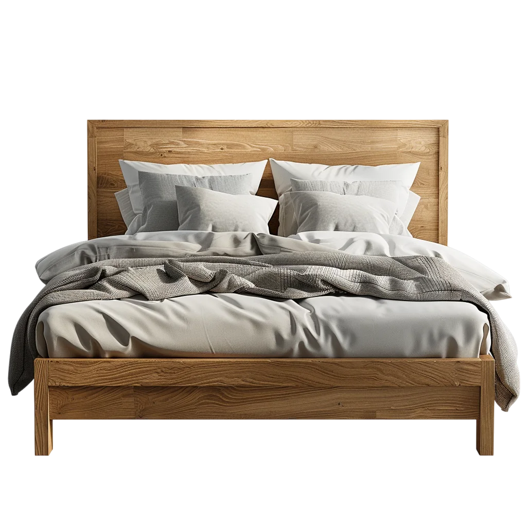 Wooden Bed with White Bedding and Gray Throw Free PNG