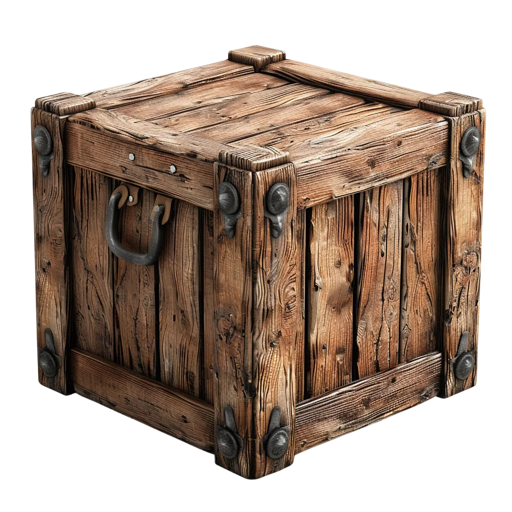 Rustic Wooden Crate with Metal Fittings Free PNG