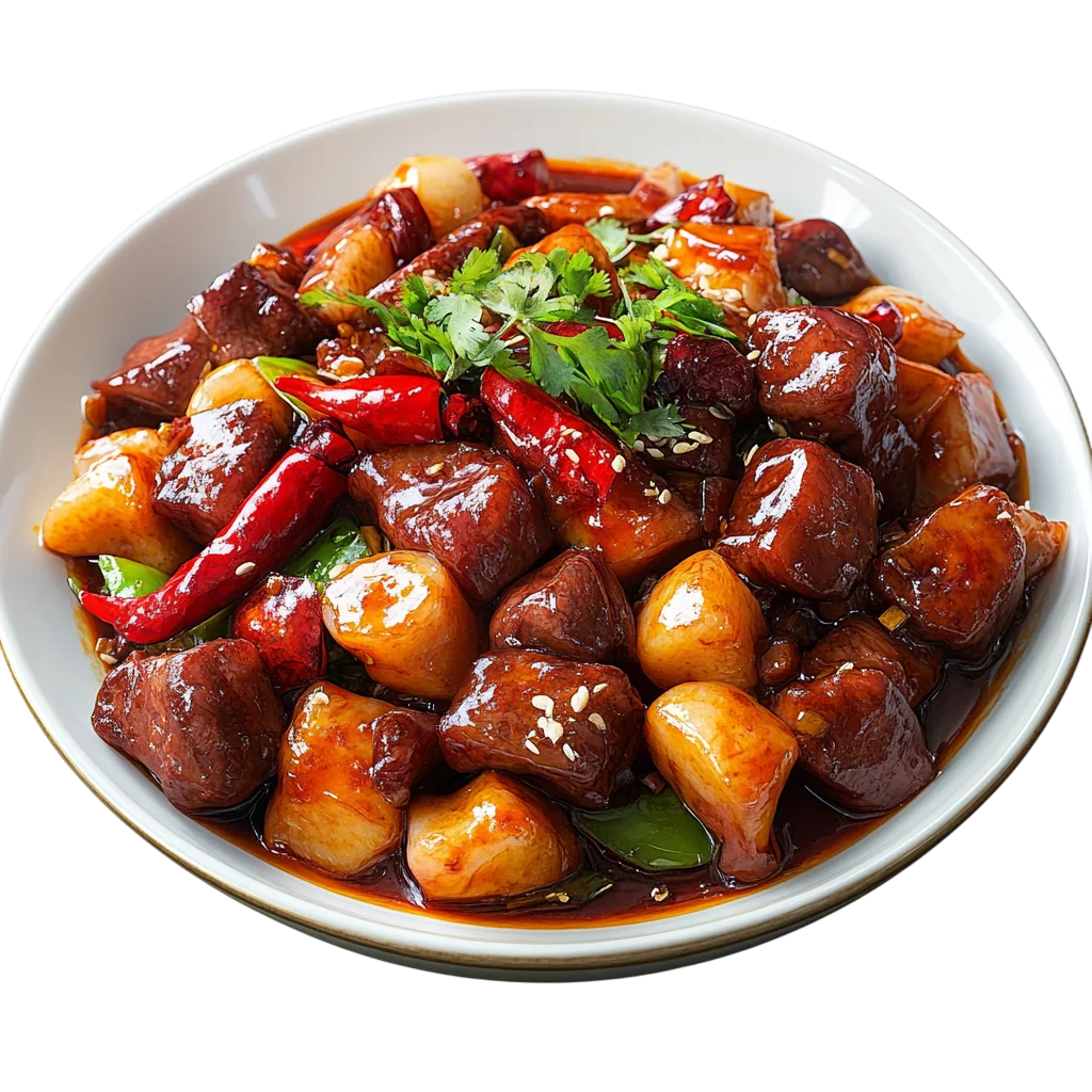 Glossy Braised Meat and Potatoes in a White Bowl Free PNG