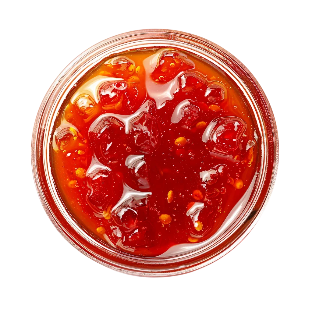 Top View of Glossy Red Sauce in a Glass Jar Free PNG