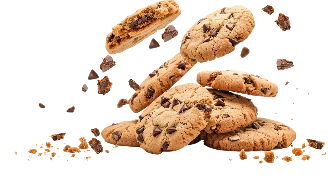 Stack of Chocolate Chip Cookies with Floating Crumbs Free PNG
