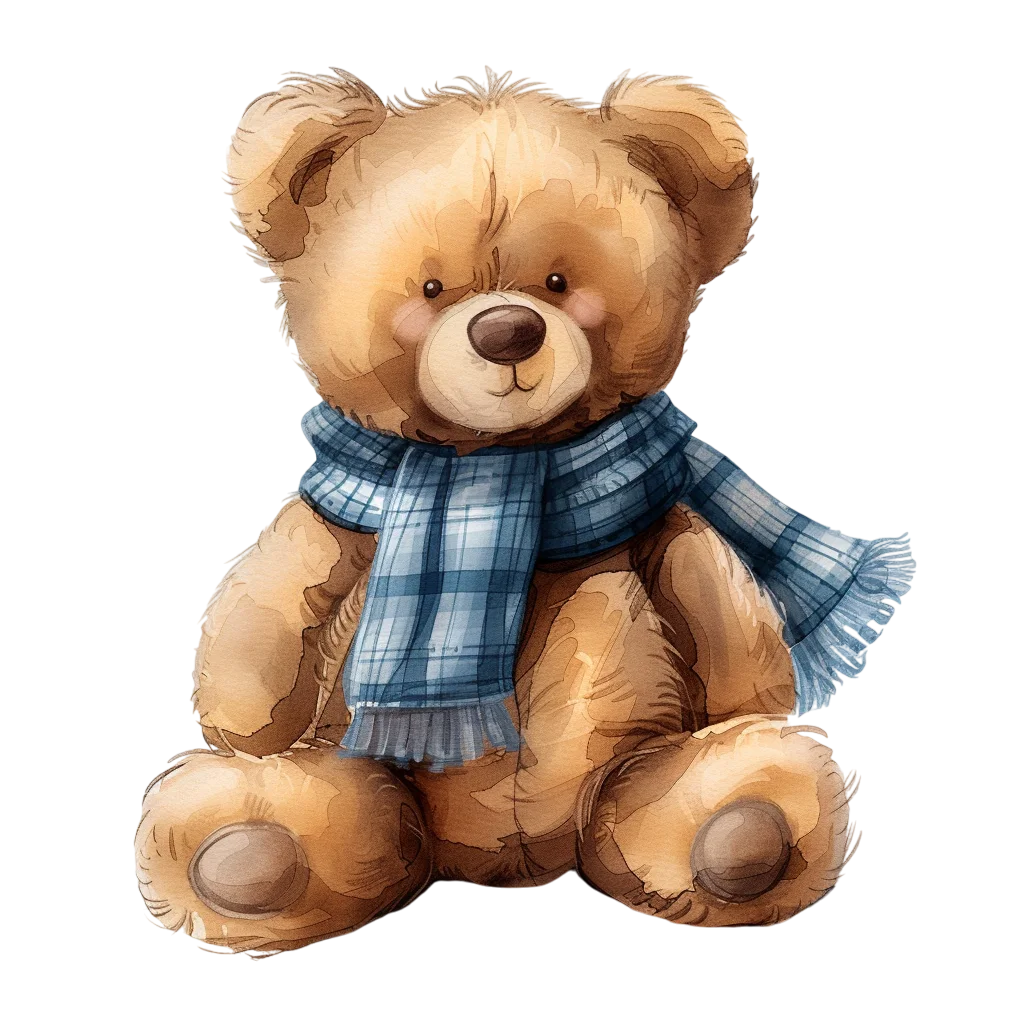 Seated Teddy Bear with Blue Plaid Scarf Free PNG