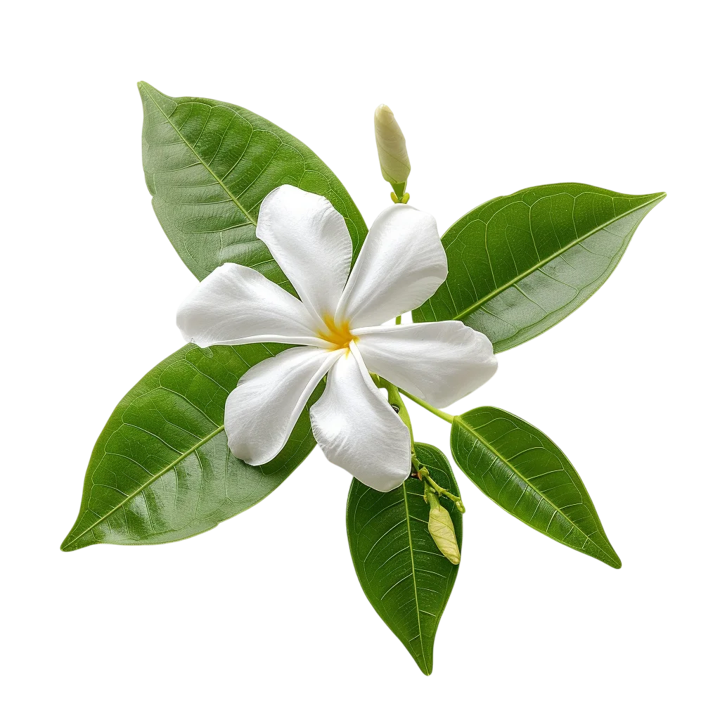 White Pinwheel Jasmine Flower and Green Leaves Free PNG