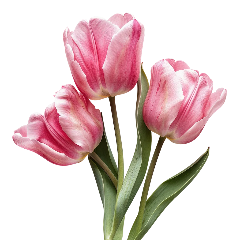 Three Pink Tulips with Green Leaves Free PNG