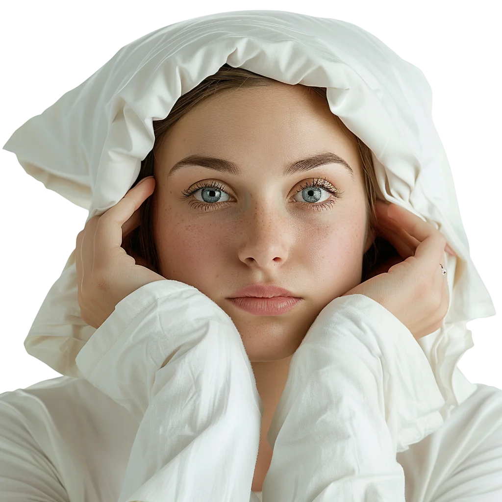 Woman Wrapped in White Bedding Portrait Free PNG