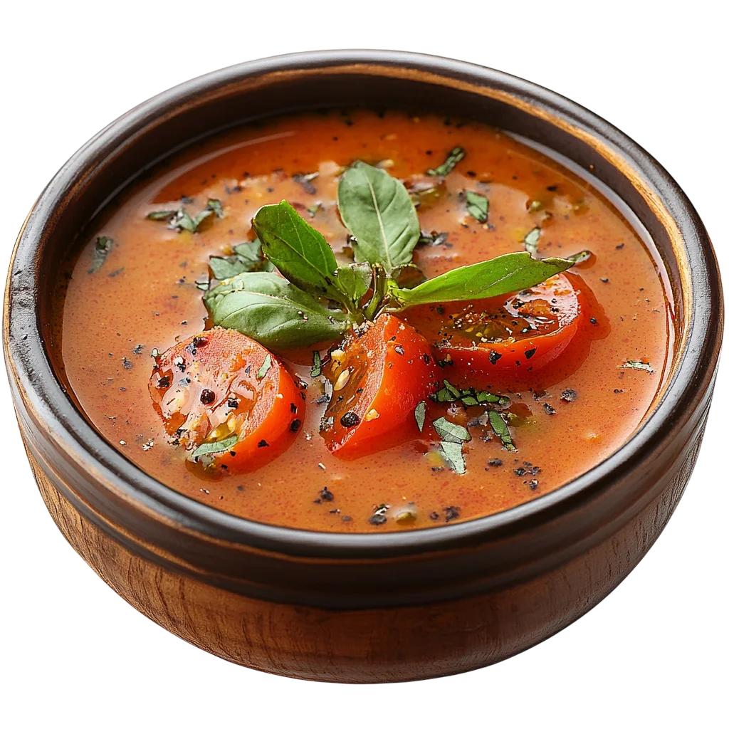 Basil-Topped Tomato Soup in a Rustic Bowl | Free PNG