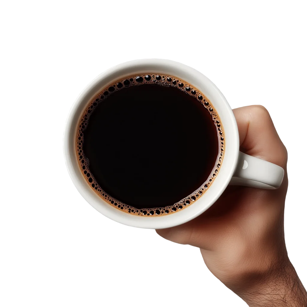 Hand Holding a White Cup of Black Coffee, Top View – Free PNG