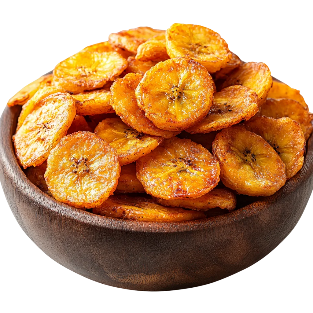 Golden Fried Plantain Slices in a Wooden Bowl Free PNG