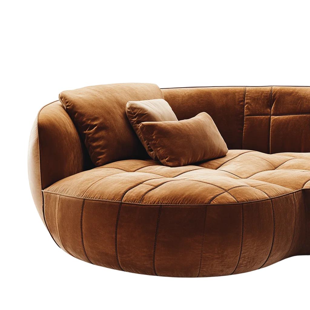 Caramel Brown Quilted Sofa with Cushions Free PNG