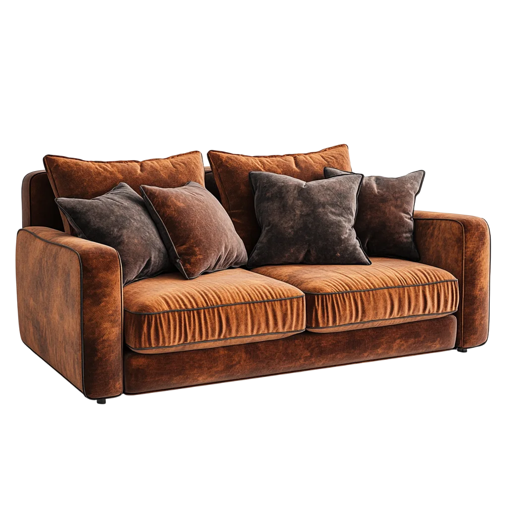 Rust-Brown Velvet Two-Seat Sofa with Throw Pillows Free PNG