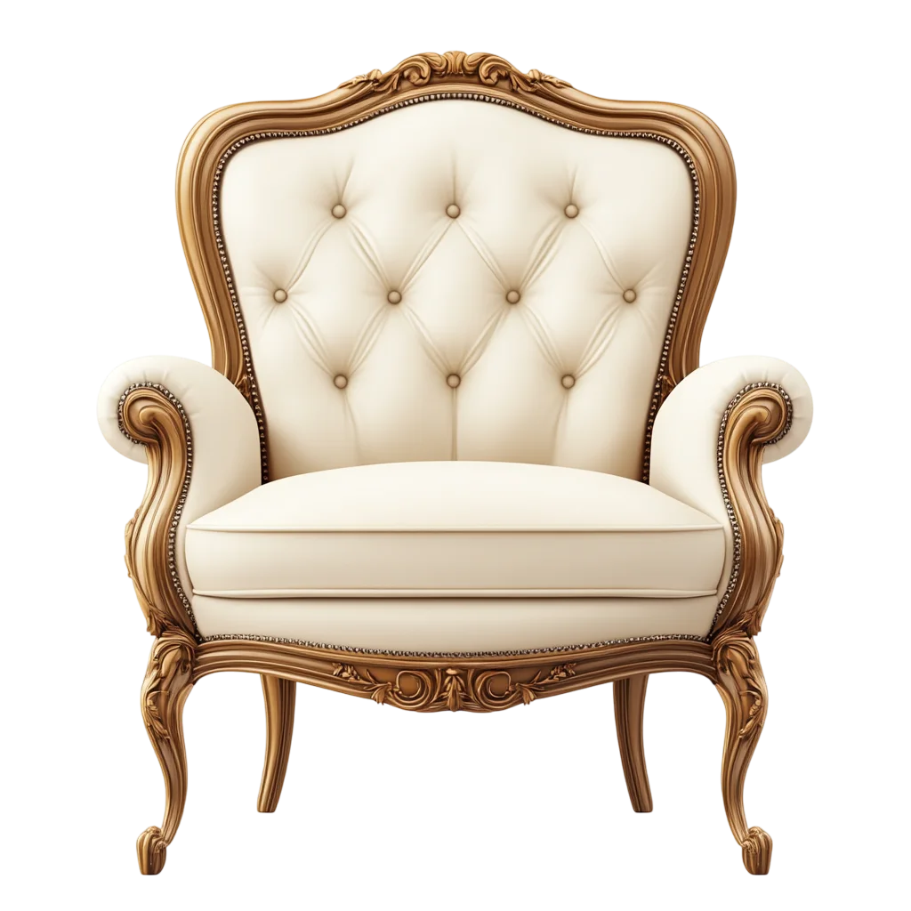 Ivory Tufted Armchair with Ornate Carved Frame Free PNG