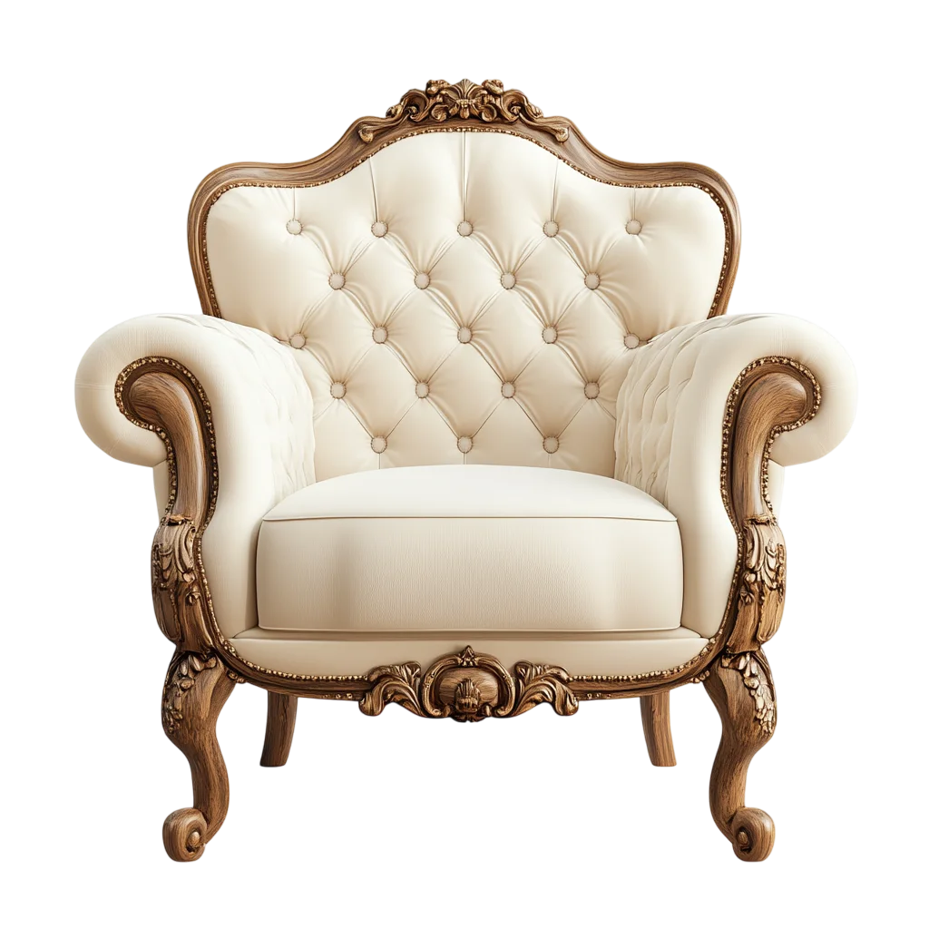 Ivory Tufted Armchair with Ornate Carved Wood Frame Free PNG