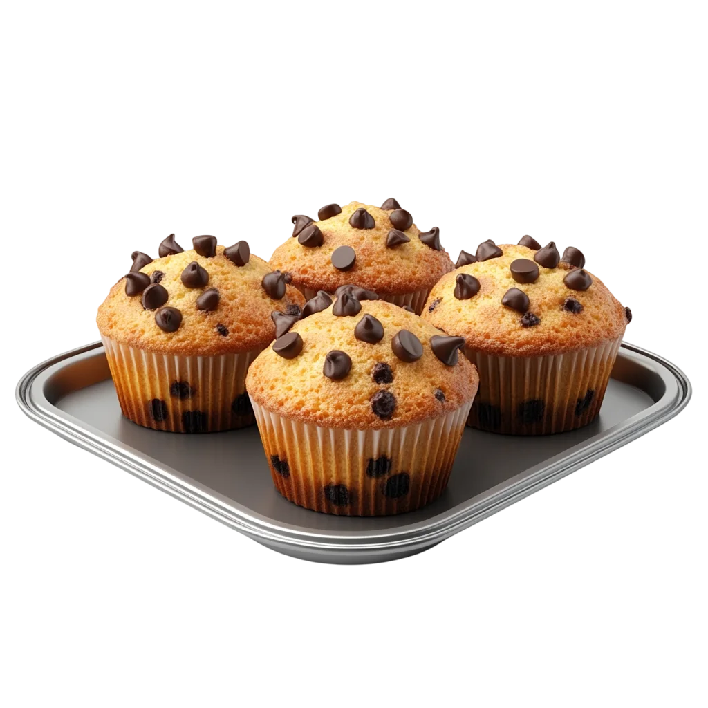 Four Chocolate Chip Muffins on a Baking Tray Free PNG