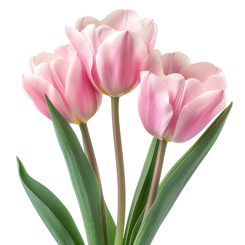 Three Pink Tulips with Green Leaves | Free PNG