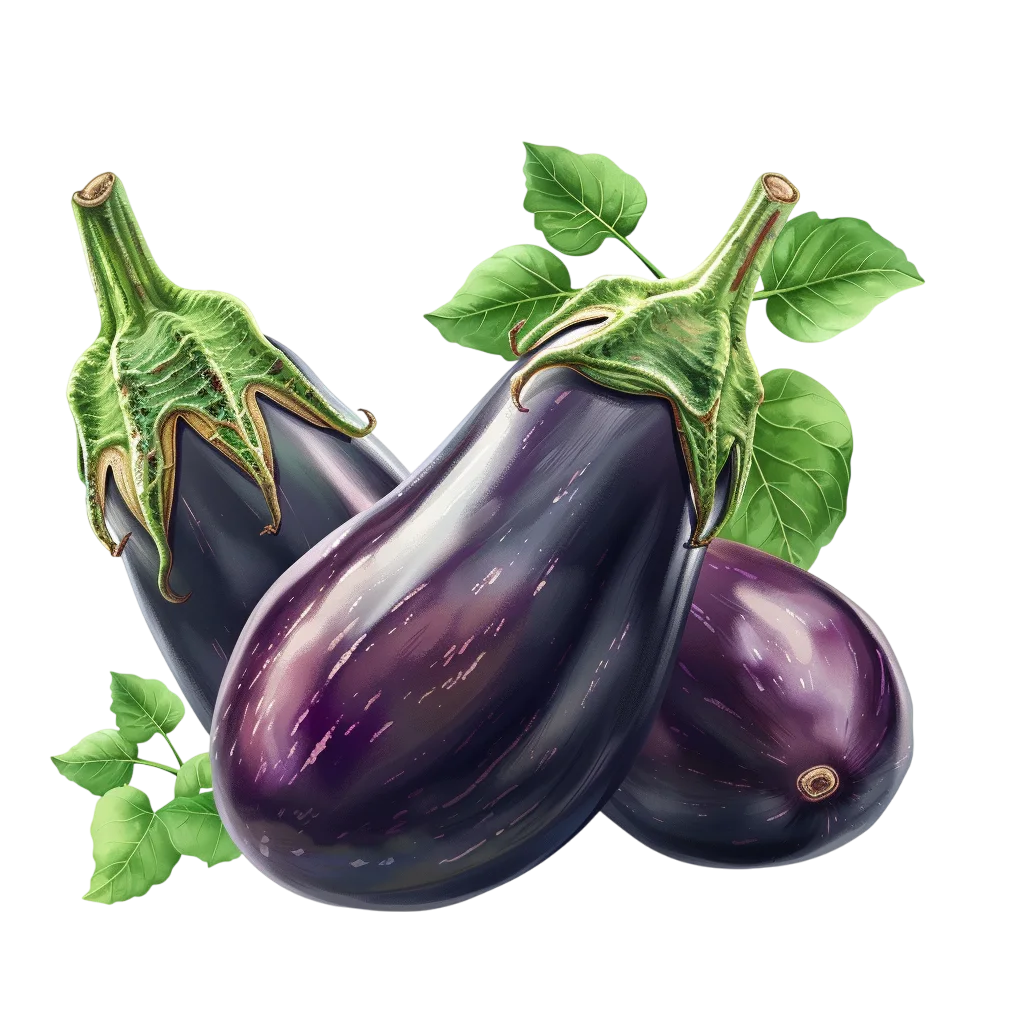 Three Glossy Purple Eggplants with Green Leaves Free PNG