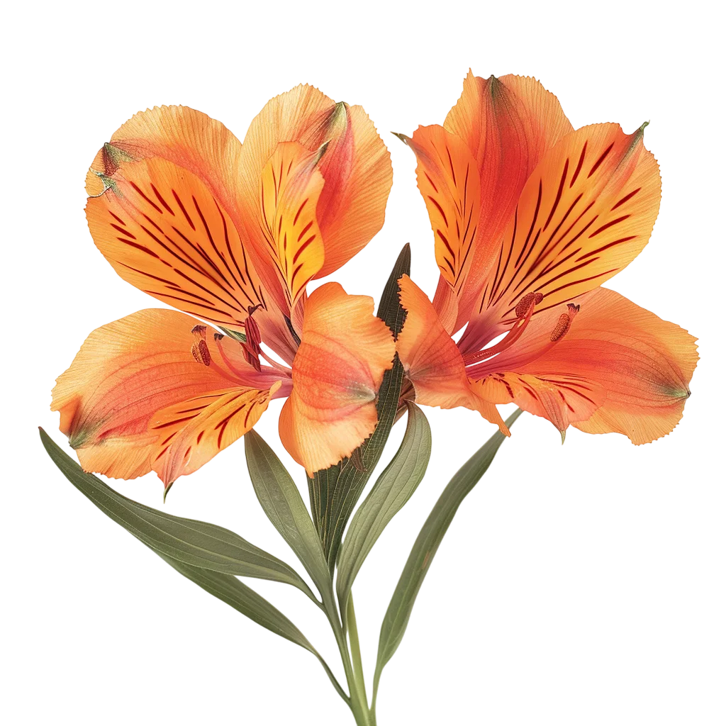 Two Orange Alstroemeria Flowers with Green Leaves - Free PNG