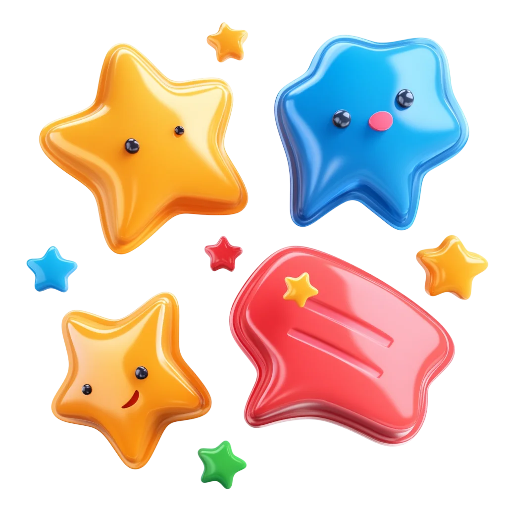 Cute Glossy Star Characters and Colorful Shapes Free PNG
