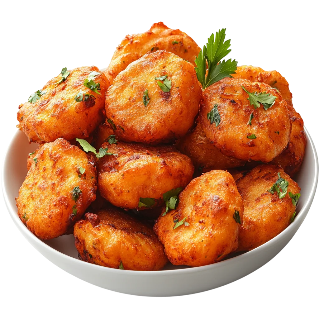 Golden Fried Potato Patties in a Bowl with Parsley Free PNG