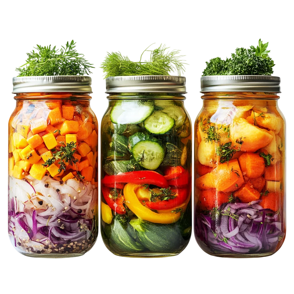 Three Jars of Colorful Pickled Vegetables with Fresh Herbs | Free PNG