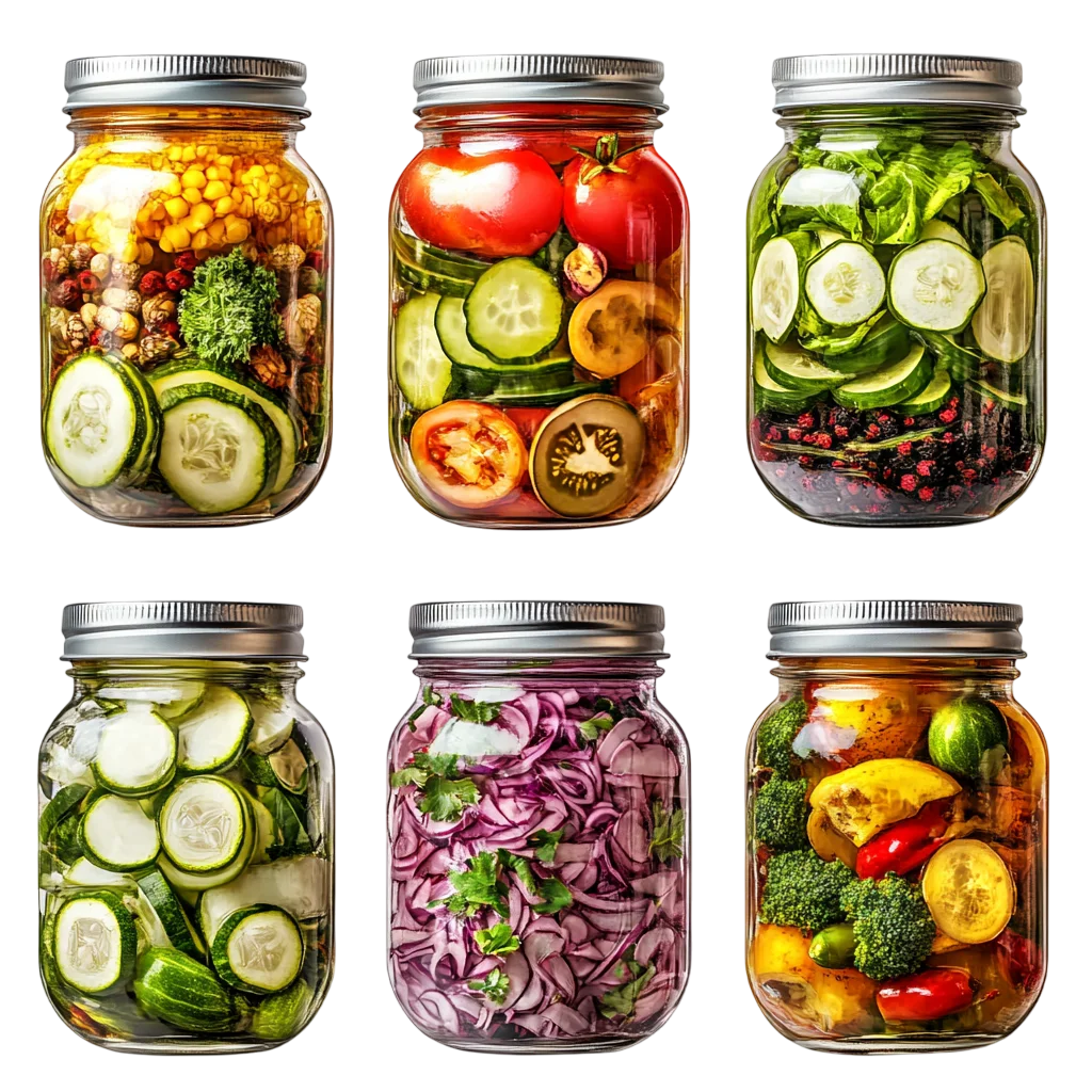 Six Jars of Colorful Pickled Vegetables Free PNG