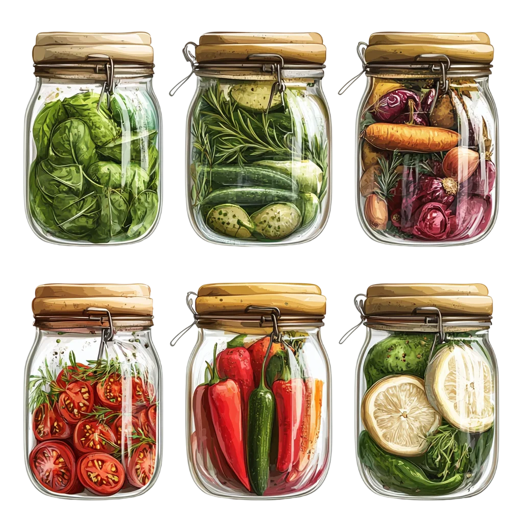 Six Illustrated Vegetable Preserving Jars | Free PNG