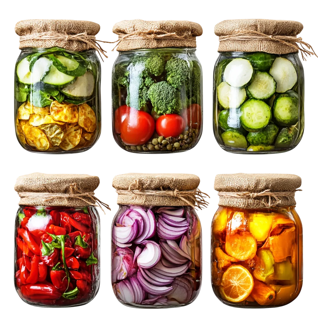 Six Glass Jars of Preserved Vegetables and Fruit Free PNG