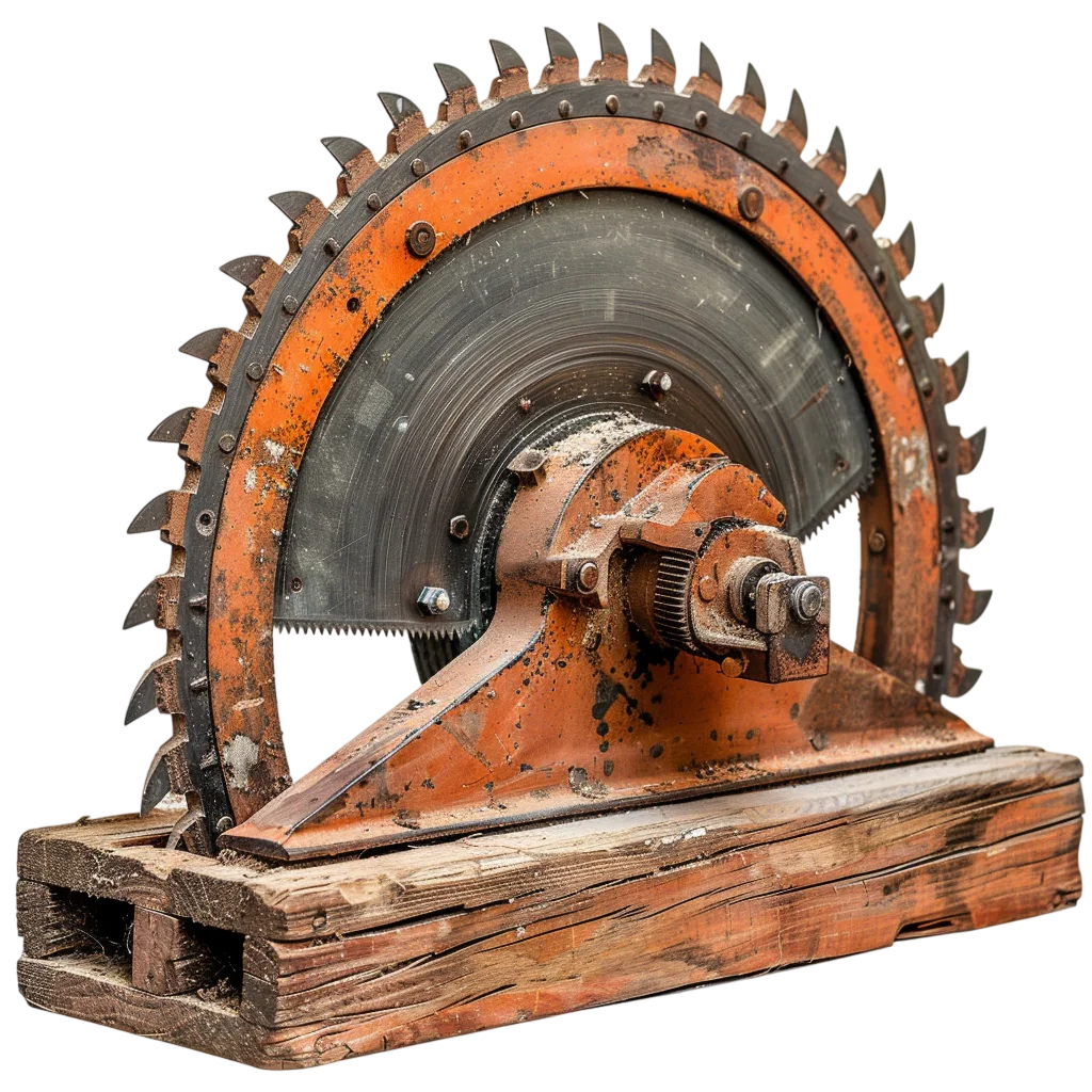 Rusty Industrial Circular Saw on Wooden Base | Free PNG