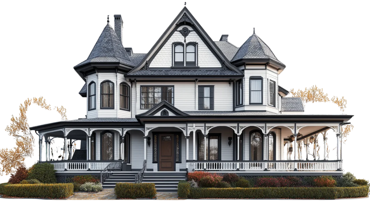 White Victorian House with Wraparound Porch Free PNG