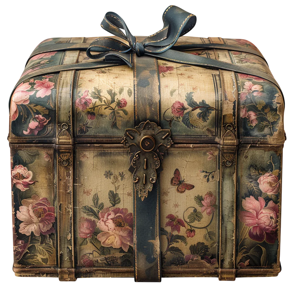 Vintage Floral Treasure Chest with Ribbon Bow Free PNG
