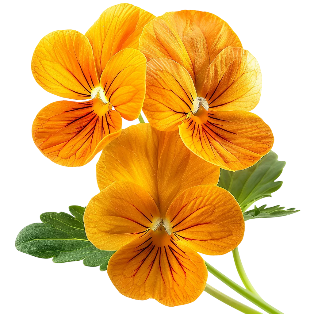 Three Orange Pansy Flowers with Green Leaves Free PNG