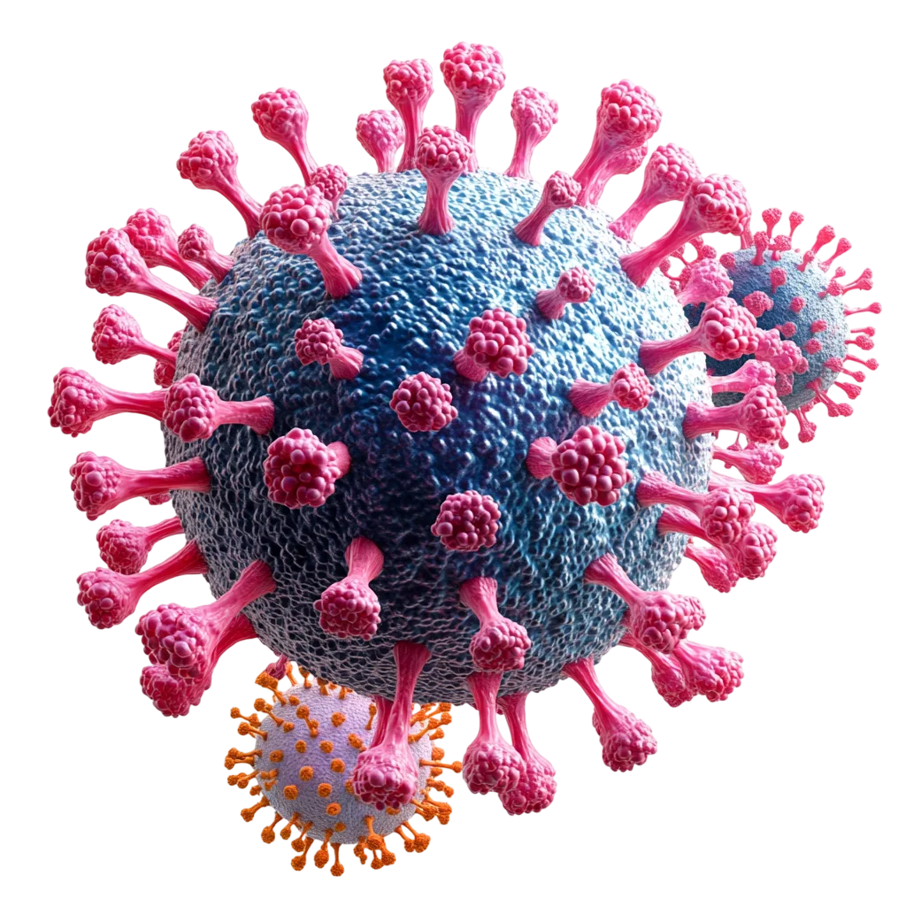 Blue Virus Particles with Pink Spikes Free PNG