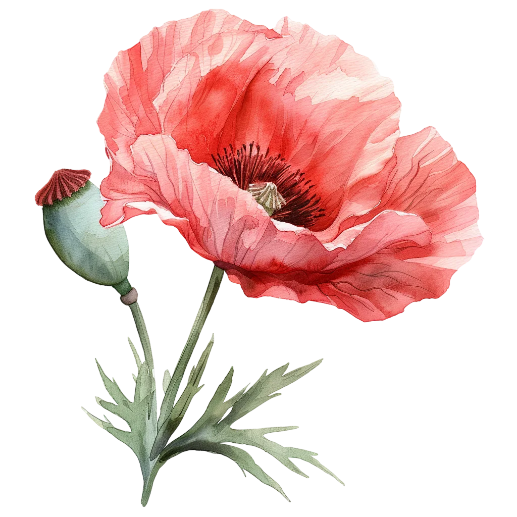 Coral Red Watercolor Poppy Flower with Bud Free PNG