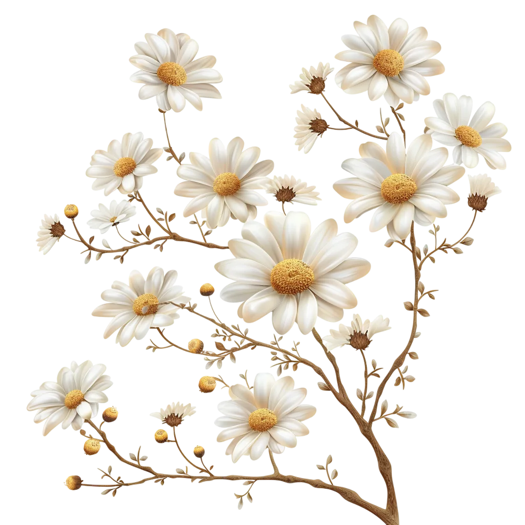 White Daisies on Branches with Golden Centers Free PNG