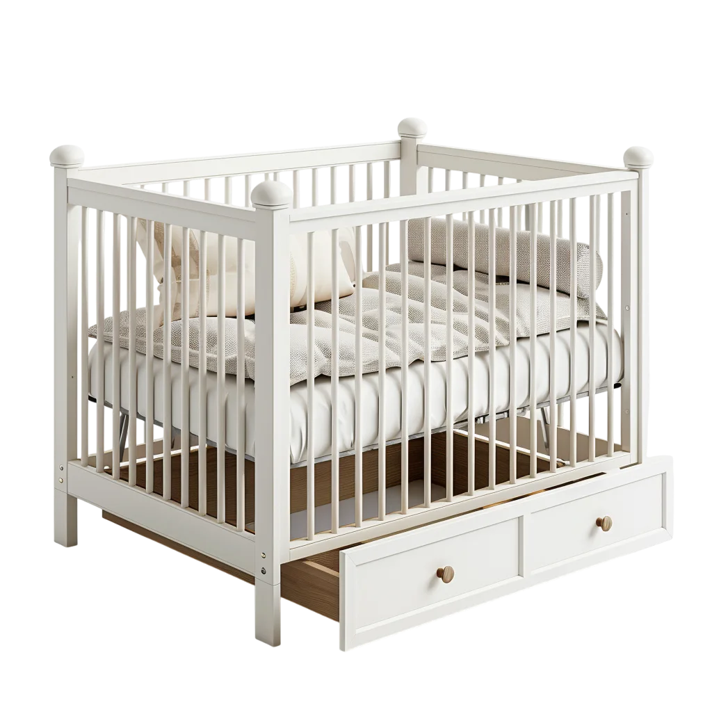 White Baby Crib with Storage Drawers Free PNG