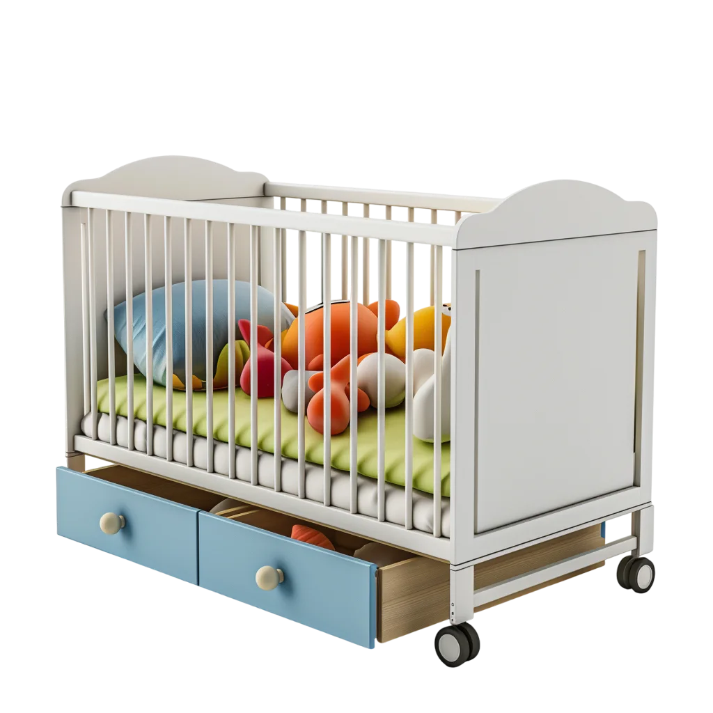 White Baby Crib with Blue Drawers and Toys Free PNG